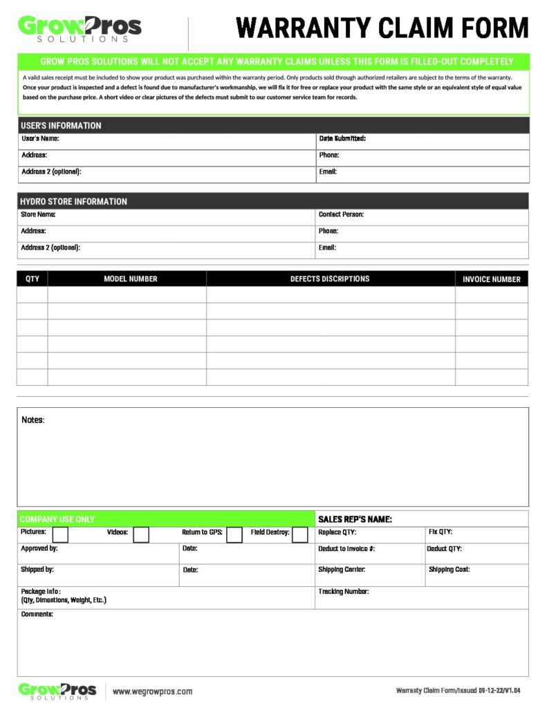 Warranty Claim Form pdf