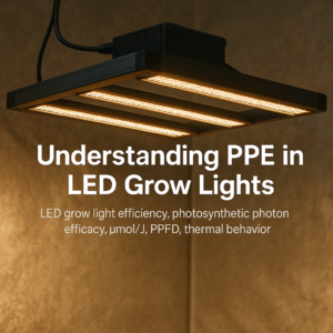 LED grow light efficiency, PPE, photosynthetic photon efficacy, µmol/J, photon efficiency, PPFD, spectrum stability, uniform PPFD distribution, LED chips, diode efficiency, LED drivers, driver stability, thermal behavior, heat management, cooling performance, airflow limitations, dimming stability, real-world PPE performance, vertical farming lighting, multilayer LED systems, optical distribution, fixture uniformity, under-canopy lighting, photon output, bar spacing, heatsink design, spectral accuracy, long-term efficiency, operational cost reduction, fixture lifespan, light distribution uniformity