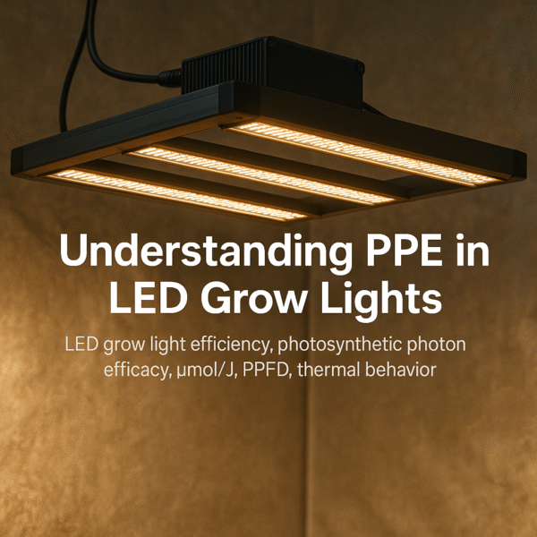 LED grow light efficiency, PPE, photosynthetic photon efficacy, µmol/J, photon efficiency, PPFD, spectrum stability, uniform PPFD distribution, LED chips, diode efficiency, LED drivers, driver stability, thermal behavior, heat management, cooling performance, airflow limitations, dimming stability, real-world PPE performance, vertical farming lighting, multilayer LED systems, optical distribution, fixture uniformity, under-canopy lighting, photon output, bar spacing, heatsink design, spectral accuracy, long-term efficiency, operational cost reduction, fixture lifespan, light distribution uniformity