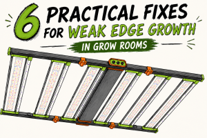 weak edge growth, weak canopy edges, grow room edge growth, edge lighting, perimeter lighting, canopy edge coverage, PPFD edge readings, grow light spacing, fixture spacing