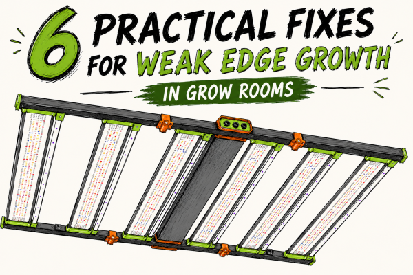 weak edge growth, weak canopy edges, grow room edge growth, edge lighting, perimeter lighting, canopy edge coverage, PPFD edge readings, grow light spacing, fixture spacing
