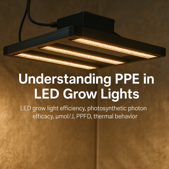 LED grow light efficiency, PPE, photosynthetic photon efficacy, µmol/J, photon efficiency, PPFD, spectrum stability, uniform PPFD distribution, LED chips, diode efficiency, LED drivers, driver stability, thermal behavior, heat management, cooling performance, airflow limitations, dimming stability, real-world PPE performance, vertical farming lighting, multilayer LED systems, optical distribution, fixture uniformity, under-canopy lighting, photon output, bar spacing, heatsink design, spectral accuracy, long-term efficiency, operational cost reduction, fixture lifespan, light distribution uniformity