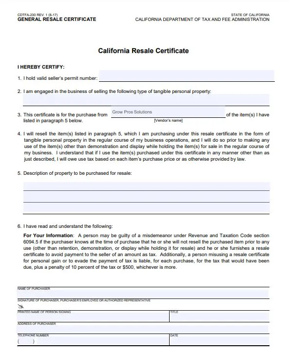 General Resale Form